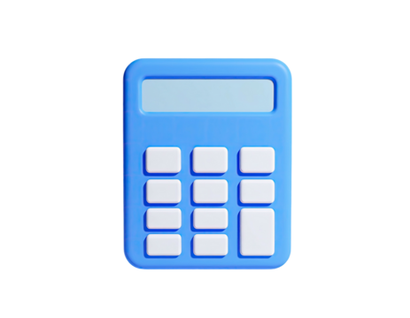 3D rendered illustration of a bright blue calculator with white buttons on black background
