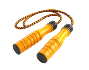 A close-up studio shot of an orange and black jump rope on black