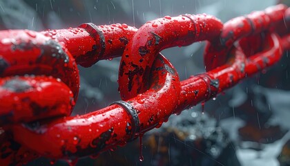 Red chain link in rain, close-up