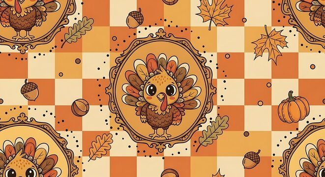 Thanksgiving Turkey Pattern with Autumnal Elements and Decorations.