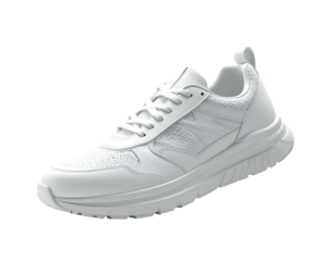 A crisp white sneaker with textured panels and a chunky sole, isolated
