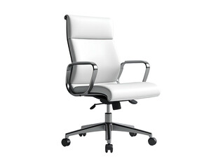 Isolated white leather office chair with chrome arms and base against a black background
