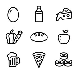 Food ingredients snacks bakery pizza cooking meal icon pack