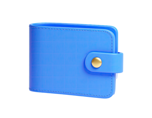 A 3D rendering of a bright blue wallet with a gold snap closure