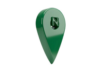 A three-dimensional glossy green map pin icon with a north symbol, isolated on a white background, representing direction and location.