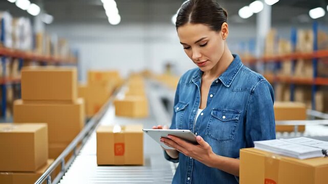 A woman processes packages, as the woman works efficiently in a warehouse sorting packages. The woman holds a tablet, aiding her management of the packages efficiently.