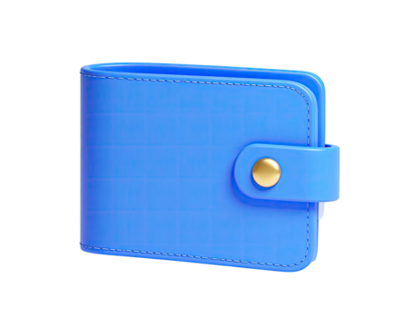 A 3D rendering of a bright blue wallet with a gold snap closure