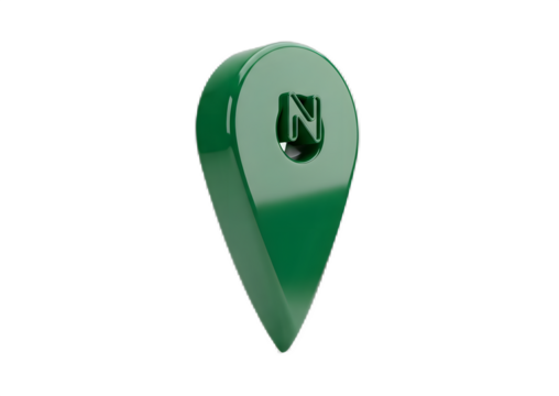 A three-dimensional glossy green map pin icon with a north symbol, isolated on a white background, representing direction and location.