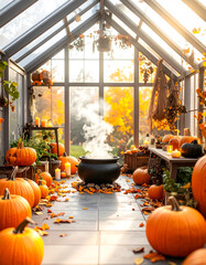 Ein Gewächshaus im Herbst mit einem dampfenden Kessel