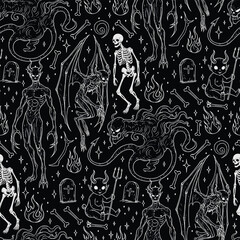 Spooky Halloween Seamless Pattern with Minimalist Monochrome Demon Sketches - Vector Background