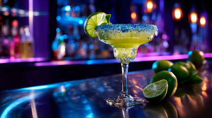 Vibrant Green Margarita Cocktail With Blue Sugar Rim and Fresh Limes on a Neon-Lit Bar Counter