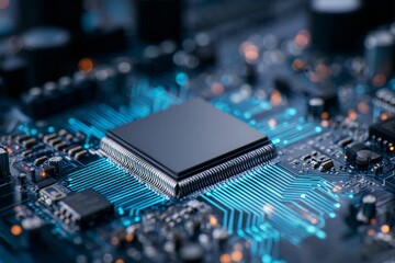 Obraz premium Close-up of AI microchip on motherboard with neon blue traces and glowing circuit board technology.