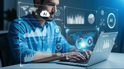 Man working on laptop with futuristic ai interface displaying data analytics, charts, and world map, representing technology and innovation - Powered by Adobe