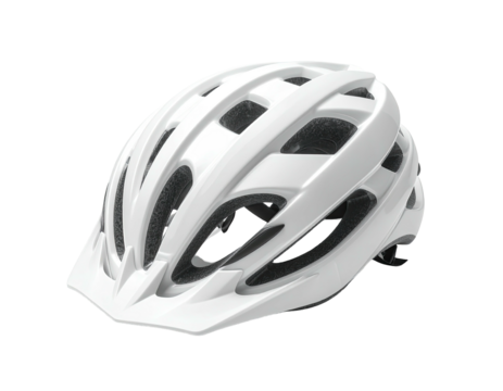 White bicycle helmet with air vents, a visor, and interior padding