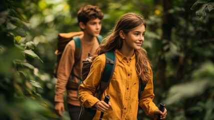 Enthusiastic young girl leads boy on refreshing forest hike, embracing nature beauty with backpacks and trekking poles for exciting adventure.
