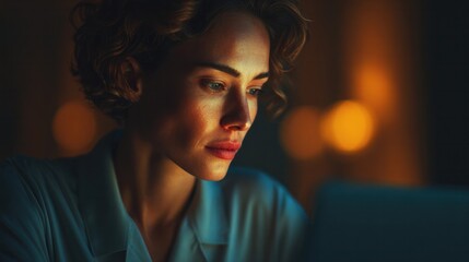 Focused female professional home office portrait photography intimate atmosphere close-up concentration on work