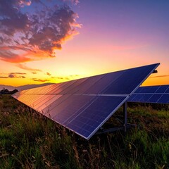 Solar panels against a sunset sky