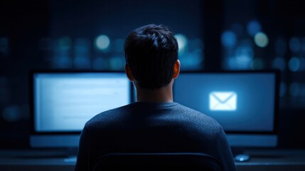 Late night email checking home office digital workspace dark environment rear view productivity insights