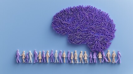 paper art , people holding hand with purple brain as background, Alzheimer's disease awareness conceptual theme