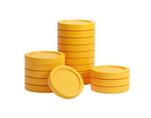 Rendered image shows three stacks of yellow coins on a black background