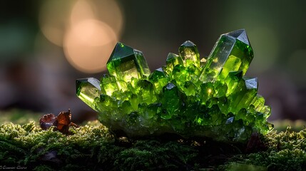 Illuminated cluster of vivid green crystals, emanating a soft glow, rests serenely upon a bed of lush, verdant moss in a natural outdoor setting, bathed in diffused light with a bokeh background...