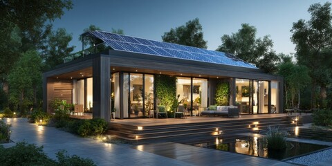 Fototapeta premium Modern Eco-Friendly House with Solar Panels Surrounded by Greenery in Bright Natural Light