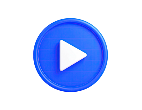 A 3D rendered, rounded blue button with a white triangular play symbol