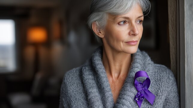 purple ribbon on shirt of an old senior woman, Alzheimer's disease awareness conceptual theme