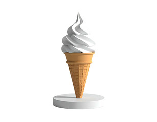 A soft-serve ice cream cone sits atop a white platform, against black