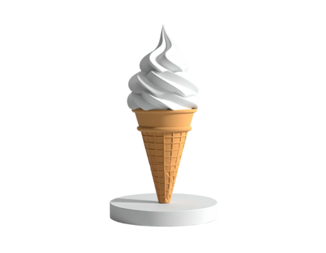 A soft-serve ice cream cone sits atop a white platform, against black