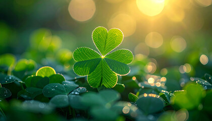 Clover with four leaves among green clovers, glowing sunlight, symbol of prosperity and good luck