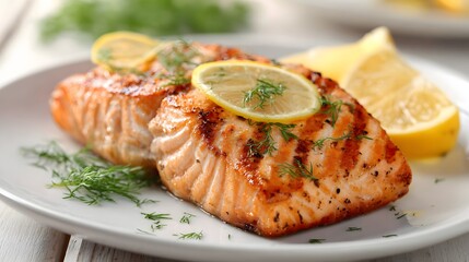 Savor the appetizing grilled salmon fillets, exquisitely adorned with vibrant lemon slices and fresh dill, presenting a delightful culinary composition that promises a rich, flavorful experience,...