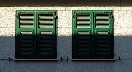 Two green shutters on a white wall casting shadows.