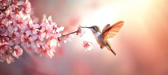 A colorful hummingbird hovers near pink flowers, embodying the beauty and spirit of springtime joy.