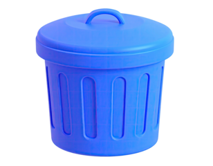 Solid blue, cylindrical trash receptacle with lid and handle on a dark background