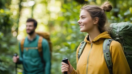 Cheerful young woman with hiking pole and backpack, exploring beautiful green forest trail and enjoying fresh air, accompanied by man on their shared outdoor adventure