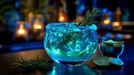 Glowing Blue Rosemary Cocktail With Sugar Rim and Lime Slices on a Dark Bar Counter