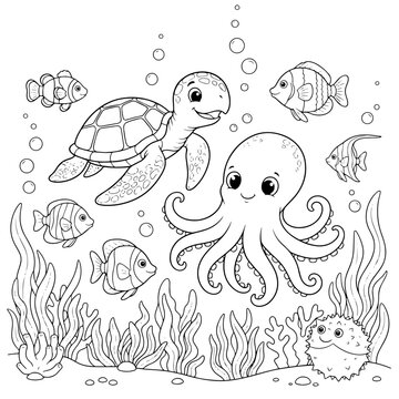 Black-and-white line art of an underwater scene with octopus, turtle, tropical fish, and coral. Ideal for kids&rsquo; coloring books, marine activity sheets, or DIY painting packs.