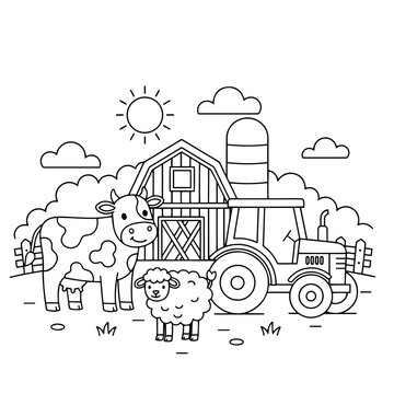 Black-and-white line art of a farm with cow, sheep, tractor, barn, and silo. Ideal for kids&rsquo; coloring books, activity sheets, or DIY painting packs.