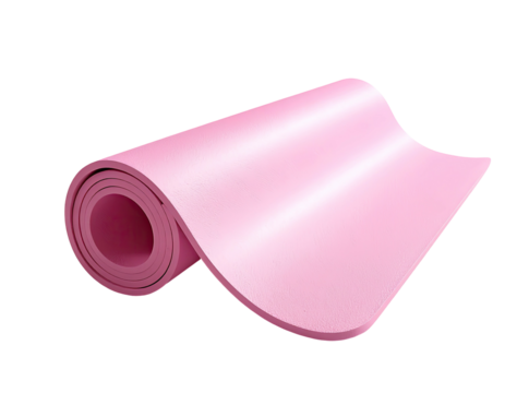 A light pink, rolled-up exercise mat, isolated on a black background
