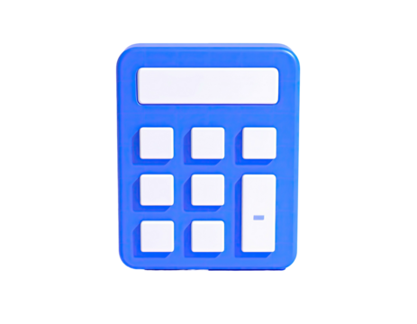 3D rendering of a blue calculator with white buttons and display, isolated