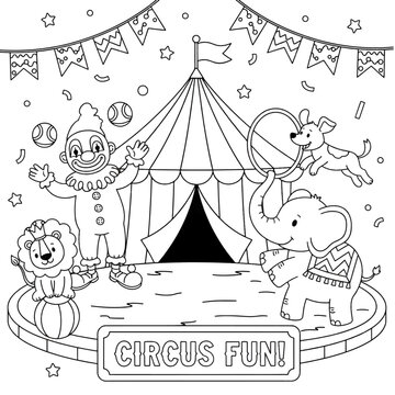 Black-and-white line art of a circus with tent, clown, lion, elephant, and dog act. Includes &ldquo;Circus Fun!&rdquo; banner. Ideal for kids&rsquo; coloring books or festive activity sheets.