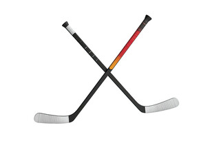 Two hockey sticks crossed over each other against a dark background
