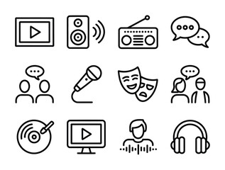 Media and entertainment icon pack with music, video, and chat symbols
