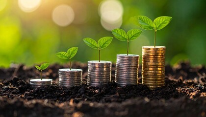 Silver and gold coins with green leaves and soil, economic growth concept.