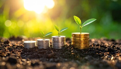 Silver and gold coins with green leaves and soil, economic growth concept.