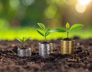 Silver and gold coins with green leaves and soil, economic growth concept.