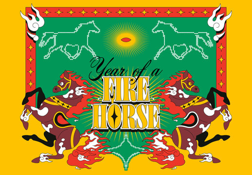 Red And Brown Flat Design Year Of A Fire Horse Fullset Illustration
