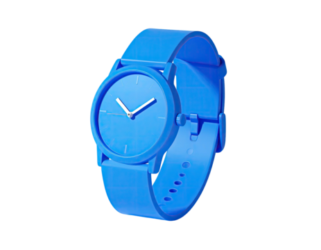 A 3D-rendered, minimalist wristwatch, uniformly colored bright blue, isolated on black