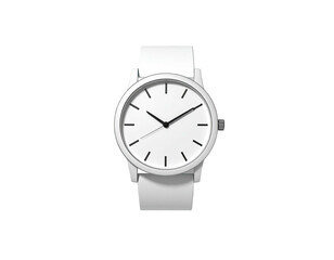 A clean, minimalist white wristwatch with black hands and markers, isolated